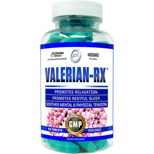 Hi-Tech Pharmaceuticals Valerian-RX herbal supplement bottle for natural sleep and stress support 90 Tablets – TigerFitness.com