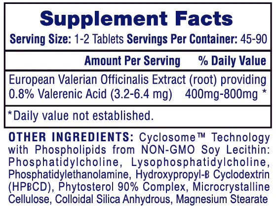 Supplement facts panel of Hi-Tech Pharmaceuticals Valerian-RX herbal sleep and relaxation support 90 Tablets – TigerFitness.com