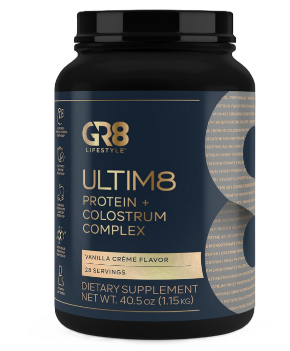 GR8 Lifestyle Ultim8 Protein & Colostrum Complex Front Label – Vanilla Creme – Muscle, Recovery & Immune Support
