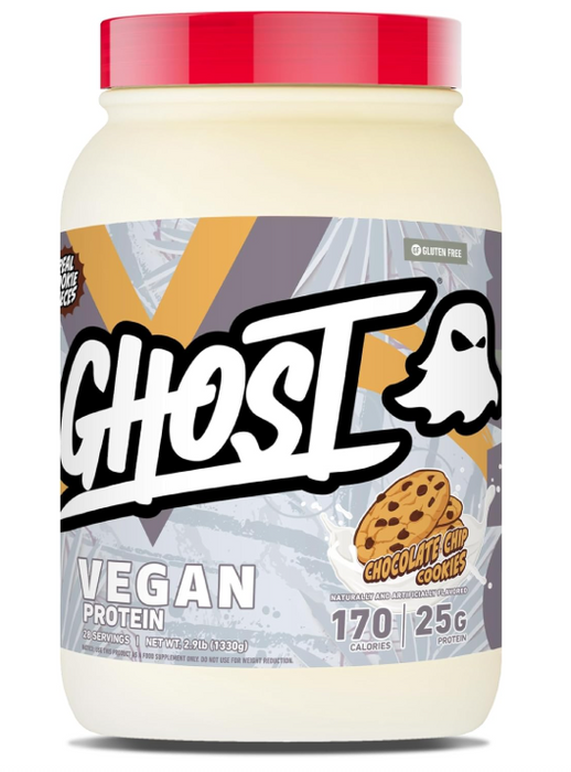 Ghost Vegan Protein V2 plant based protein powder container front label 28 Servings Chocolate Chip Cookies