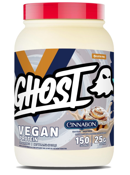 Ghost Vegan Protein V2 plant based protein powder container front label Cinnamon 28 Servings