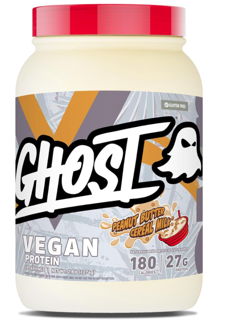 Ghost Vegan Protein V2 plant based protein powder container front label 28 Servings Peanut Butter Cereal Milk