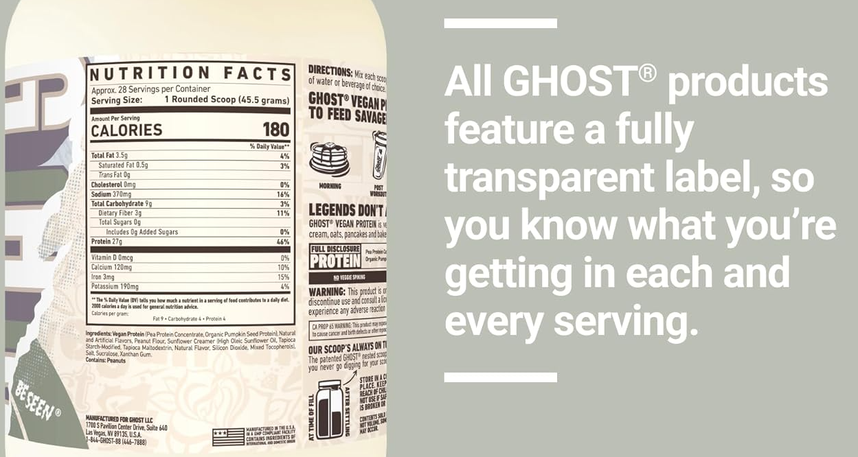 Ghost Vegan Protein V2 supplement facts plant protein blend panel