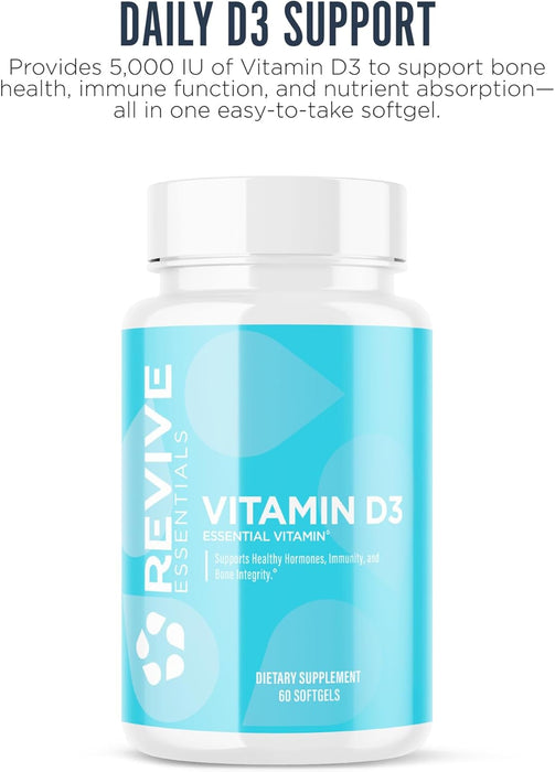 Revive MD Vitamin D3 supplement bottle displayed as part of a daily wellness routine