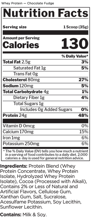 Rule 1 Whey Protein supplement facts label, Chocolate Fudge
