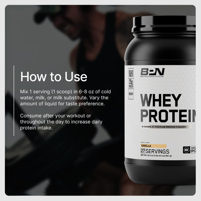 How to use BPN Whey Protein, one scoop in 8 to 10 oz of water or milk
