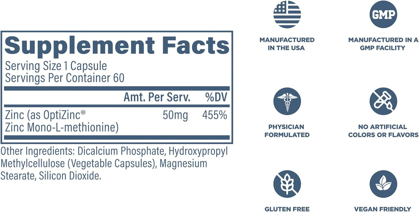 Revive MD Zinc supplement facts panel showing OptiZinc zinc monomethionine formula 