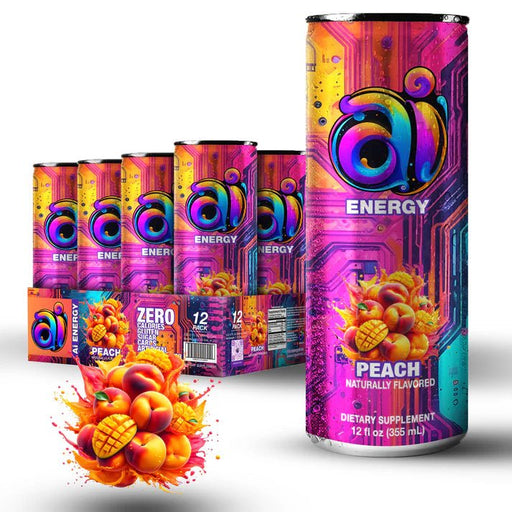 AI Energy Drink Peach flavor can front – clean energy and hydration drink with natural caffeine and focus support | TigerFitness.com
