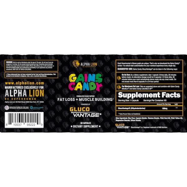 Alpha Lion Gains Candy GlucoVantage – 60 Capsules Supplement Facts Panel