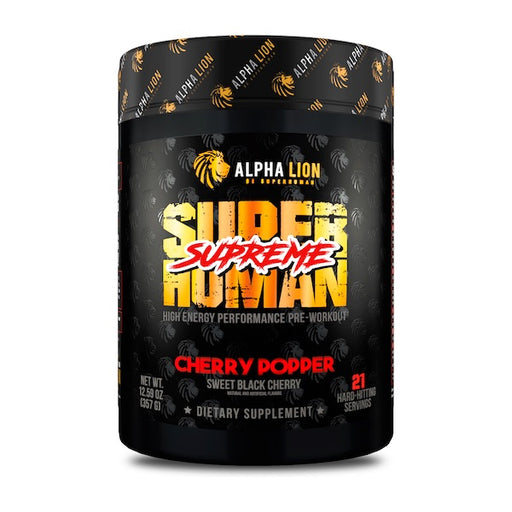 Alpha Lion Superhuman Supreme high-stim pre-workout supplement Cherry Popper Sweet Black Cherry Flavor