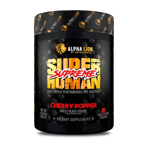 Alpha Lion Superhuman Supreme high-stim pre-workout supplement Cherry Popper Sweet Black Cherry Flavor