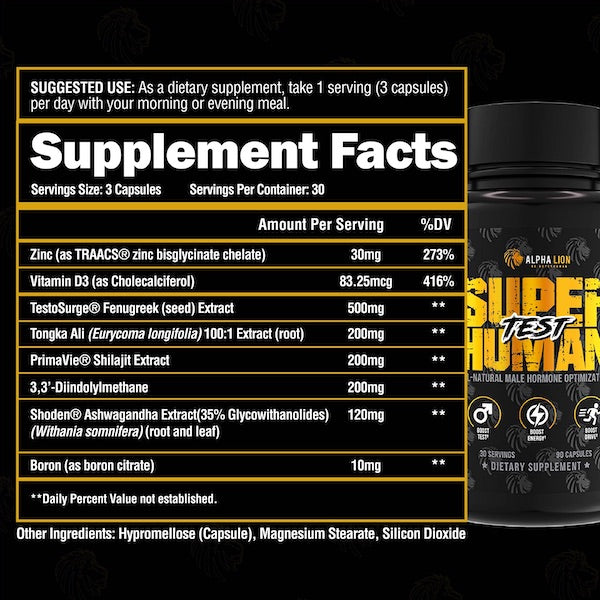 Superhuman Test men’s hormone support supplement facts panel 