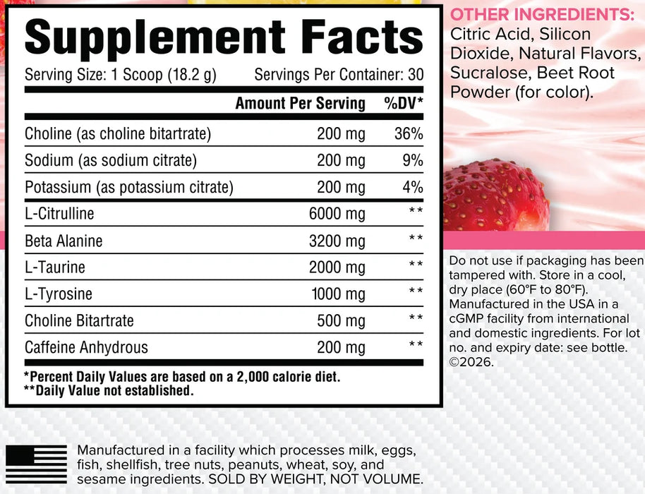 Core Nutritionals PRE supplement facts panel: 6000mg L-Citrulline, 3200mg beta-alanine, 2000mg L-Taurine, 1000mg L-Tyrosine, 500mg choline bitartrate, 200mg caffeine anhydrous