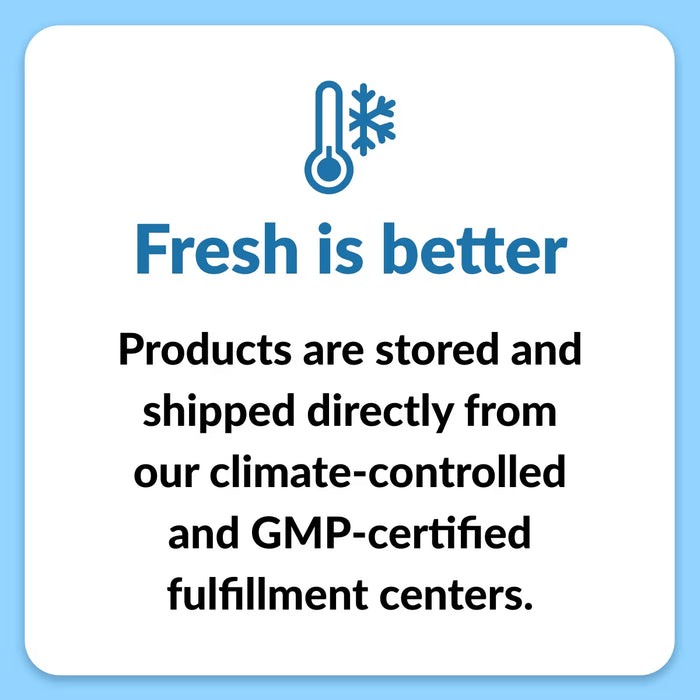 NOW Supplements Vitamin D3 & K2 fresh is better graphic highlighting climate-controlled storage and GMP fulfillment standards