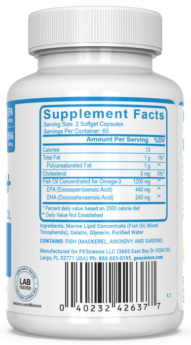 PEScience Omega-3+ supplement facts panel
