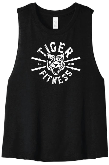 Tiger Fitness black crop tank top with white barbell and tiger head graphic print and raw edge armholes