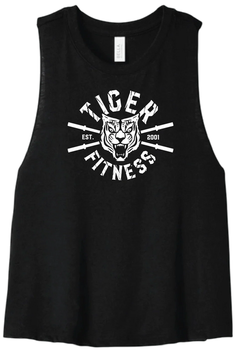 Tiger Fitness black crop tank top with white barbell and tiger head graphic print and raw edge armholes