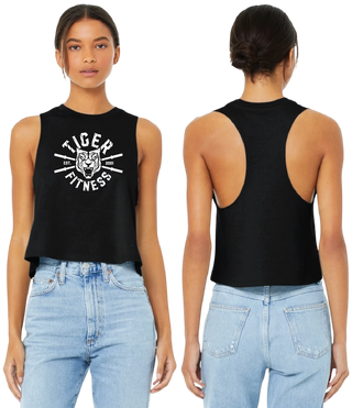 Tiger Fitness black crop tank top with raw edge armholes and white barbell graphic on front and racerback view