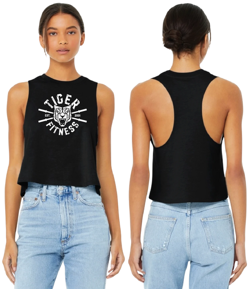 Tiger Fitness black crop tank top with raw edge armholes and white barbell graphic on front and racerback view