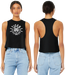 Tiger Fitness black crop tank top with raw edge armholes and white barbell graphic on front and racerback view