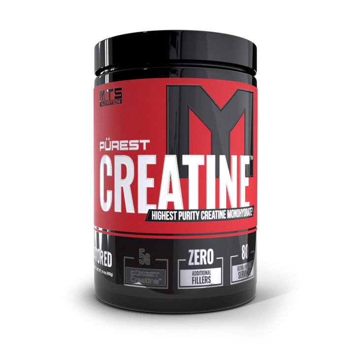 Tiger Fitness MTS Nutrition Pürest Creatine micronized monohydrate supplement tub in red and black packaging