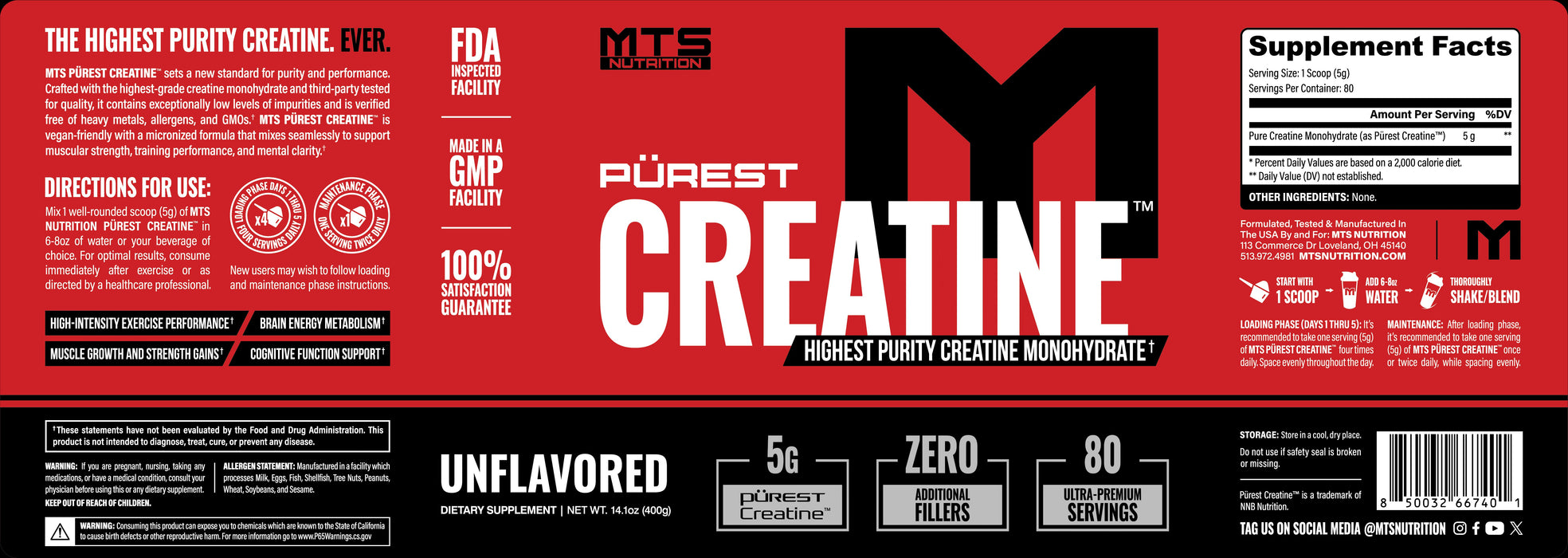 Tiger Fitness MTS Pürest Creatine supplement label featuring micronized creatine monohydrate in red and black design