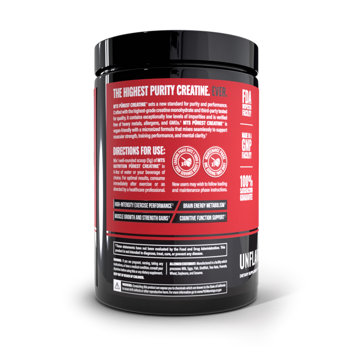 Tiger Fitness MTS Pürest Creatine supplement tub showing directions and benefits on the black and red label