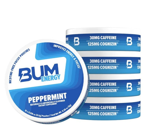 Tiger Fitness BUM Energy Peppermint pouches with 30mg caffeine and 125mg Cognizin for focus. Nicotine-free.
