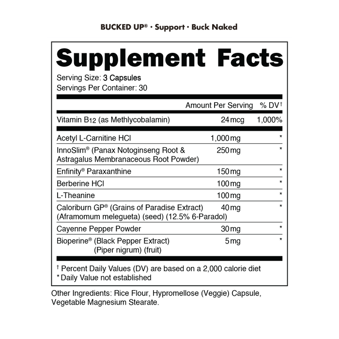 Bucked Up Buck Naked supplement facts panel