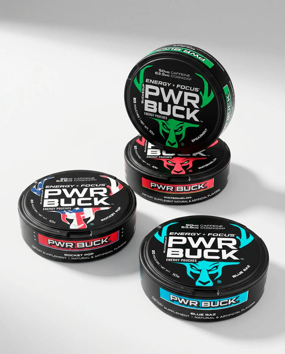 Bucked Up PWR Buck energy pouches, all four flavors