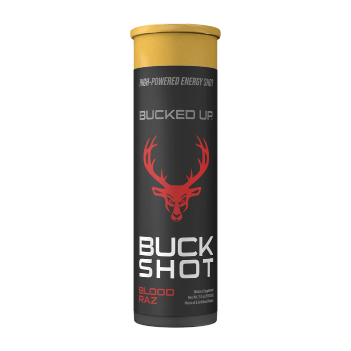 Bucked Up Buck Shot energy shot bottle, side view