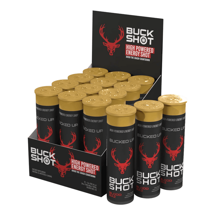 Bucked Up Buck Shot energy shot, Blood Raz, 2 oz bottle
